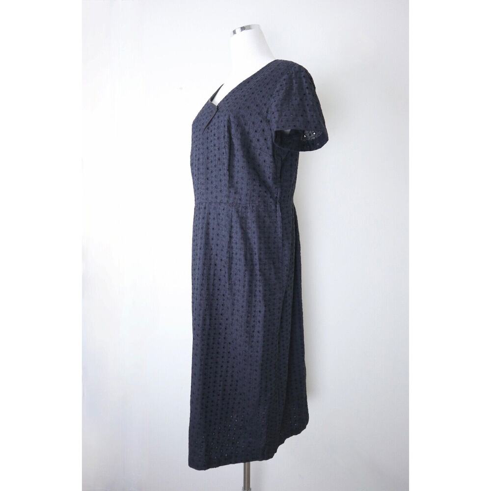 Vintage 1950s Size XL Eyelet Cotton Day Dress Midi Tea Length Short Sleeve Black - Picture 3 of 12